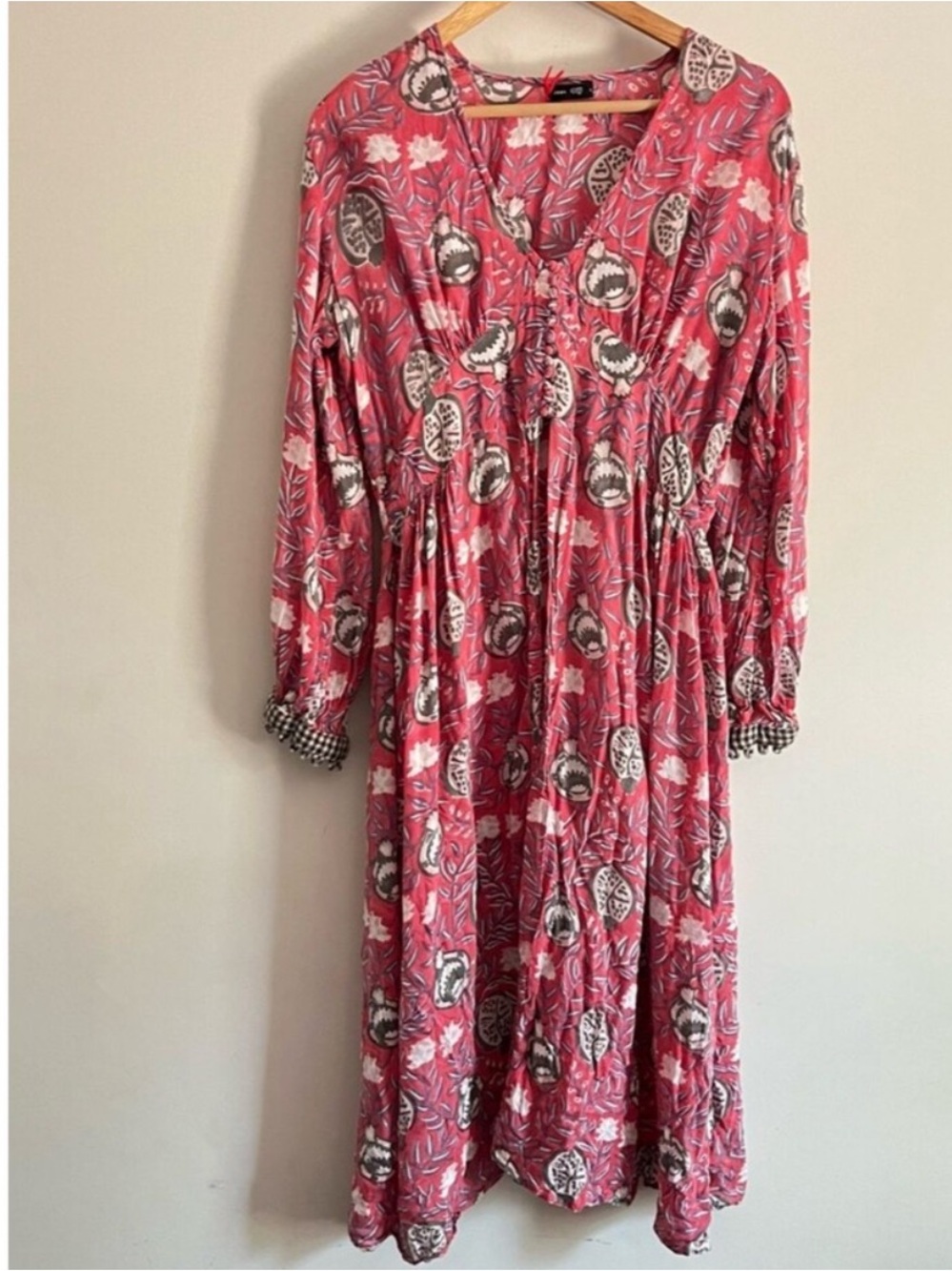 JodI Pink Boho Block Print Cotton Dress Kimono Style Size Large festival